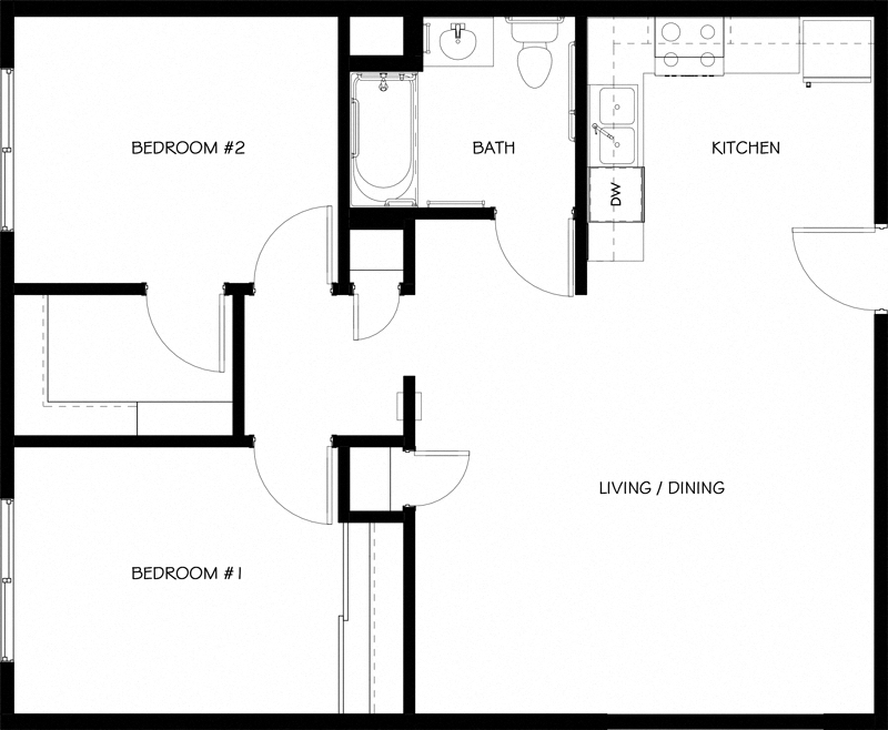 Floor plan for 2 beds, 1 bath, 745 sqft